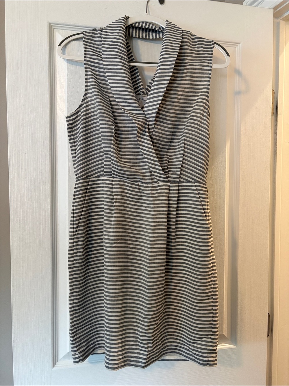 BCBGeneration Gray and White Striped Sleeveless Wrap Dress